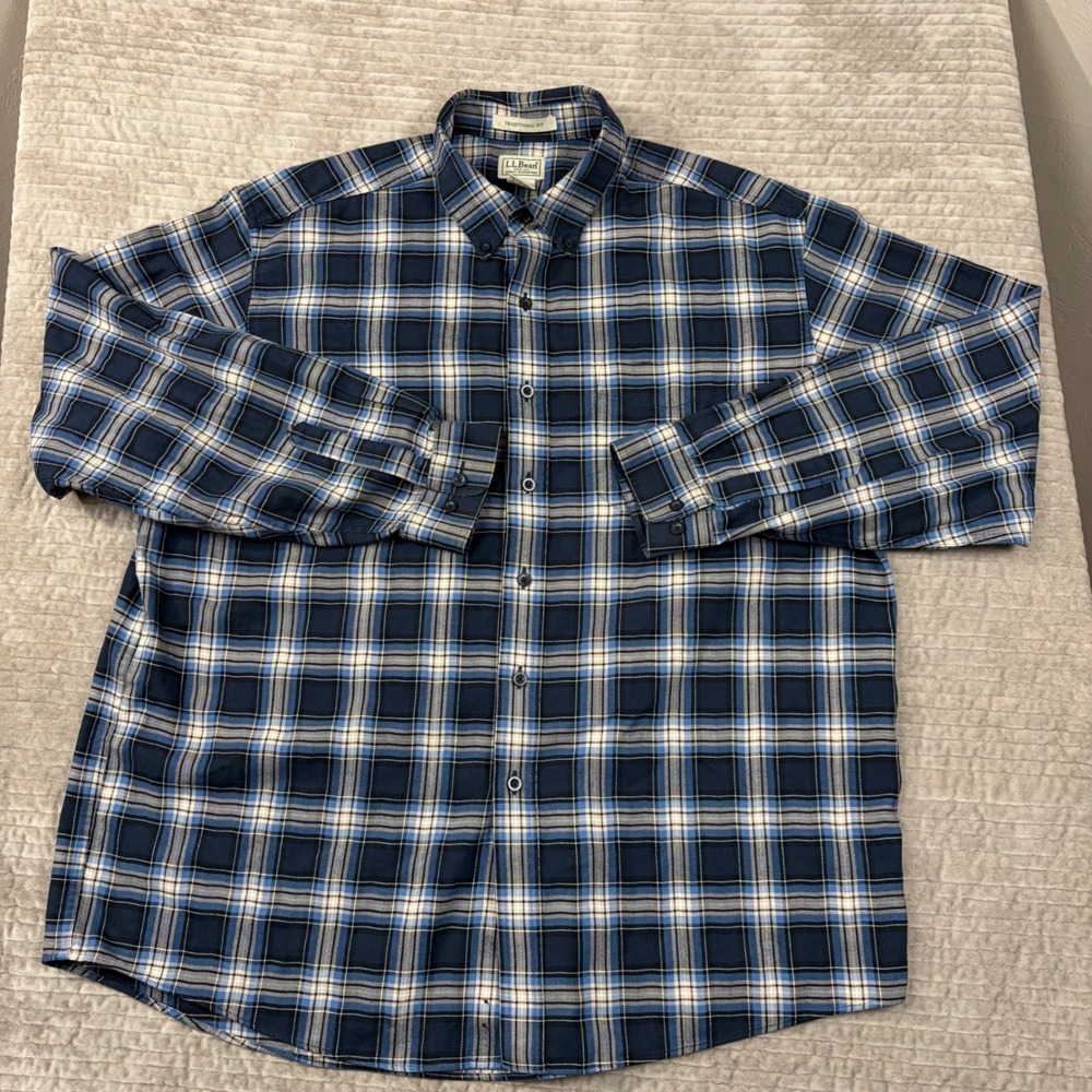 LL Bean Mens XL Traditional Fit Plaid Flannel Button Down Shirt Blue 299131